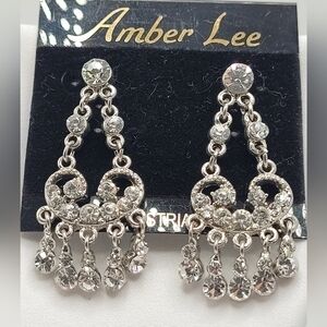 Vintage Austrian Crystal Long Dangle Earrings White Chandelier Sparkly